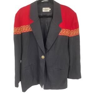 Vintage Stephanie Queller women 14 blue red gold embroidered Greek border blazer